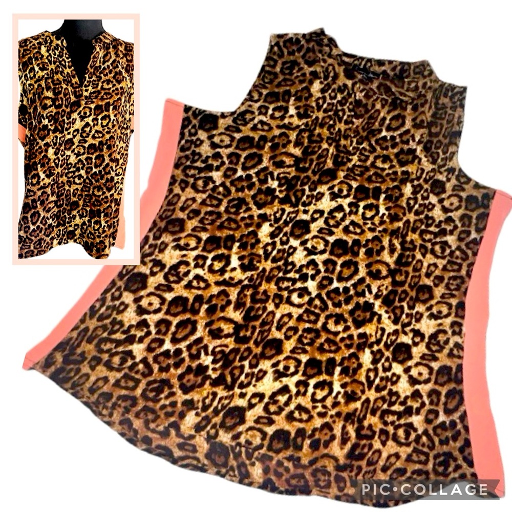 Alison Andrews Leopard Print V-Neck Color Block Sleeveless Tunic Blouse XL NWOT